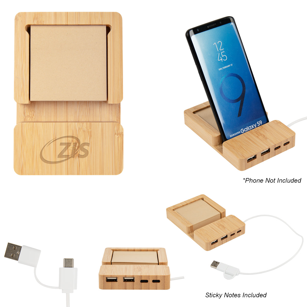 Bamboo Multi-Port Hub with Phone Holder &amp; Sticky Notes